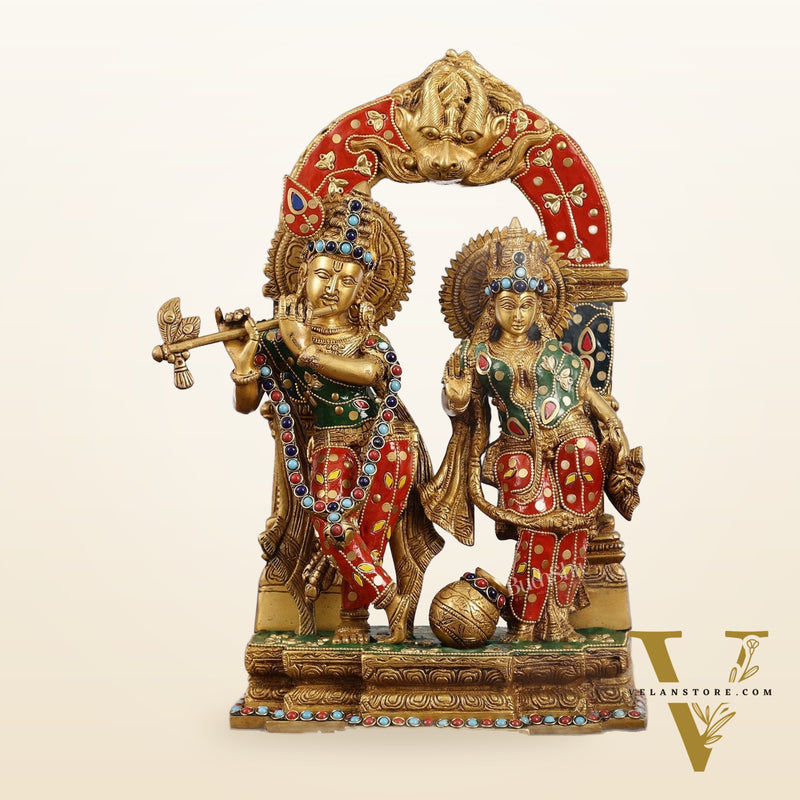 Handcrafted Brass Radha Krishna Idol - Ecstatic Posture 14 inch with stonework