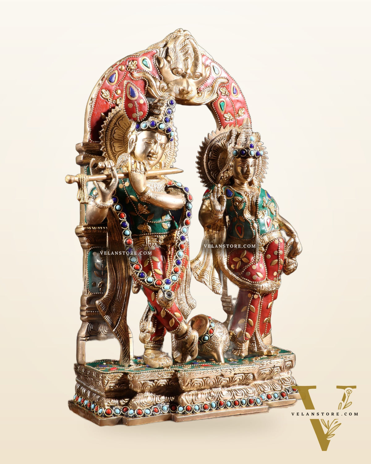 Handcrafted Brass Radha Krishna Idol - Ecstatic Posture 14 inch with stonework