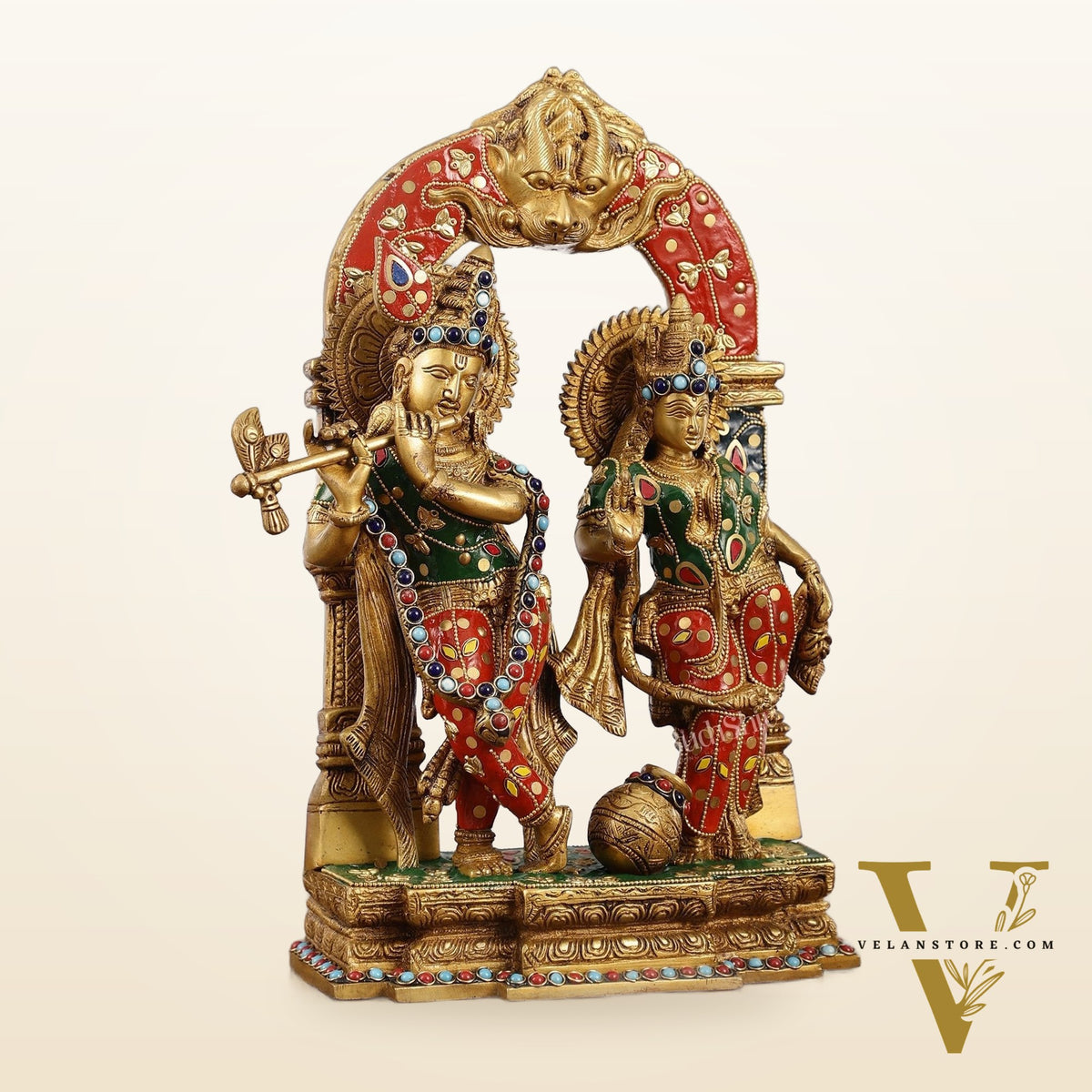 Handcrafted Brass Radha Krishna Idol - Ecstatic Posture 14 inch with stonework