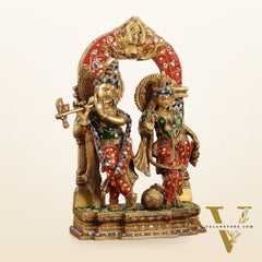 Handcrafted Brass Radha Krishna Idol - Ecstatic Posture 14 inch with stonework