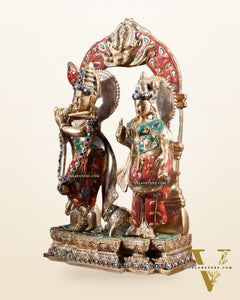 Handcrafted Brass Radha Krishna Idol - Ecstatic Posture 14 inch with stonework