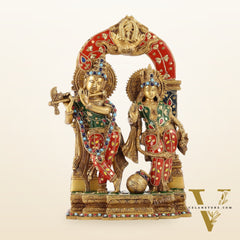 Handcrafted Brass Radha Krishna Idol - Ecstatic Posture 14 inch with stonework