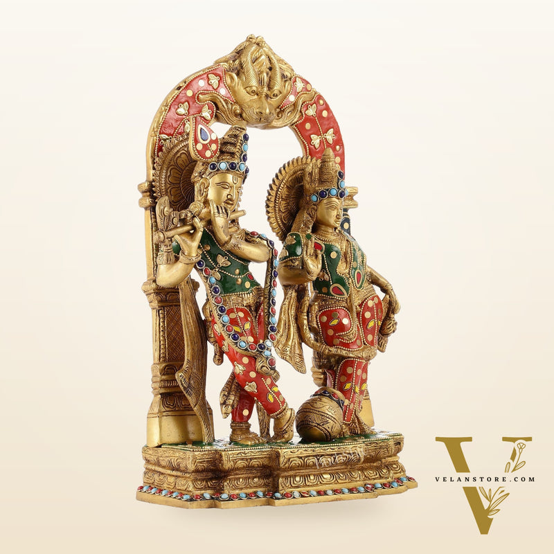 Handcrafted Brass Radha Krishna Idol - Ecstatic Posture 14 inch with stonework