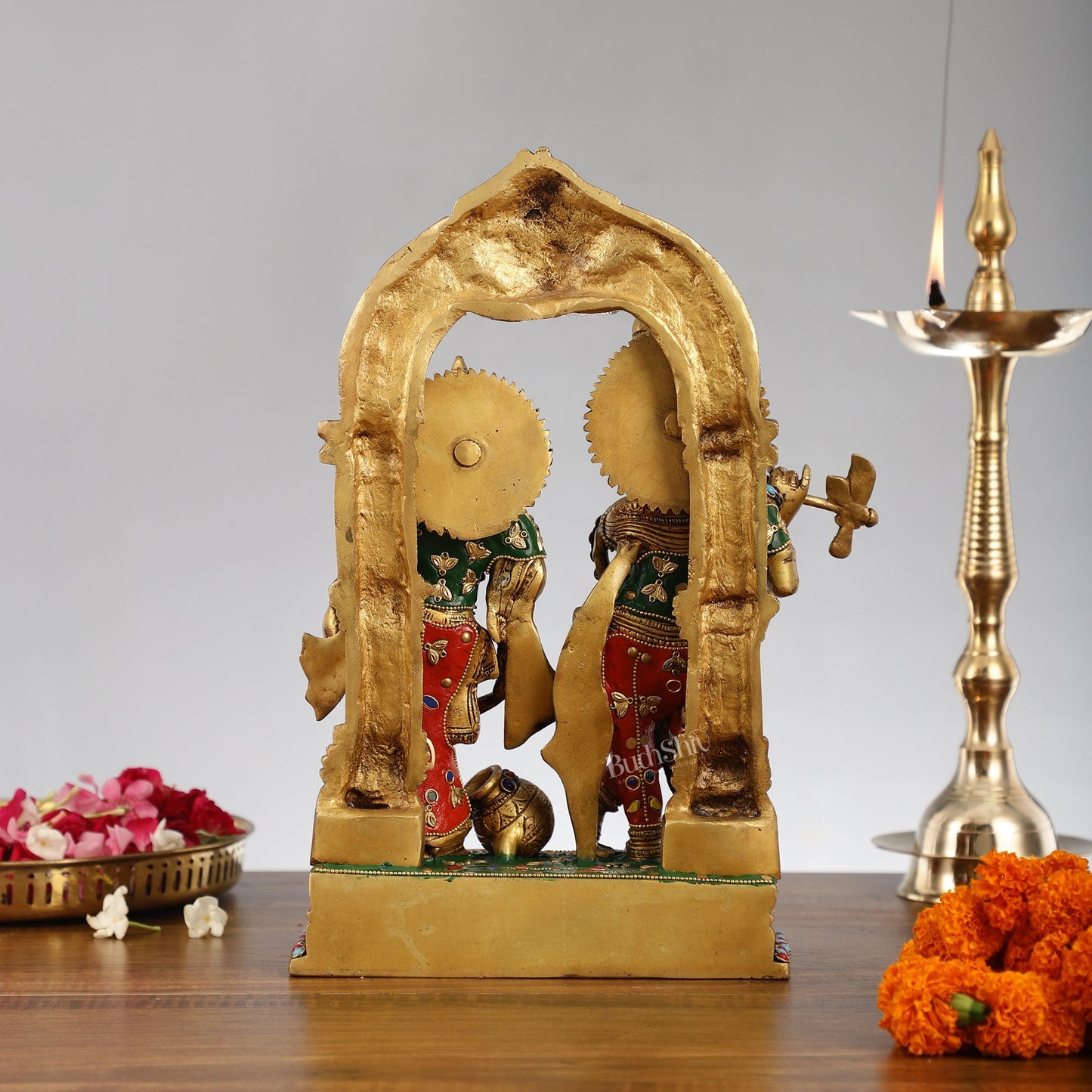 Handcrafted Brass Radha Krishna Idol - Ecstatic Posture 14 inch with stonework