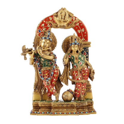 Handcrafted Brass Radha Krishna Idol - Ecstatic Posture 14 inch with stonework