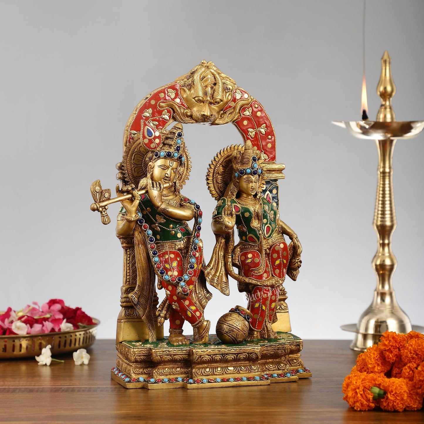 Handcrafted Brass Radha Krishna Idol - Ecstatic Posture 14 inch with stonework