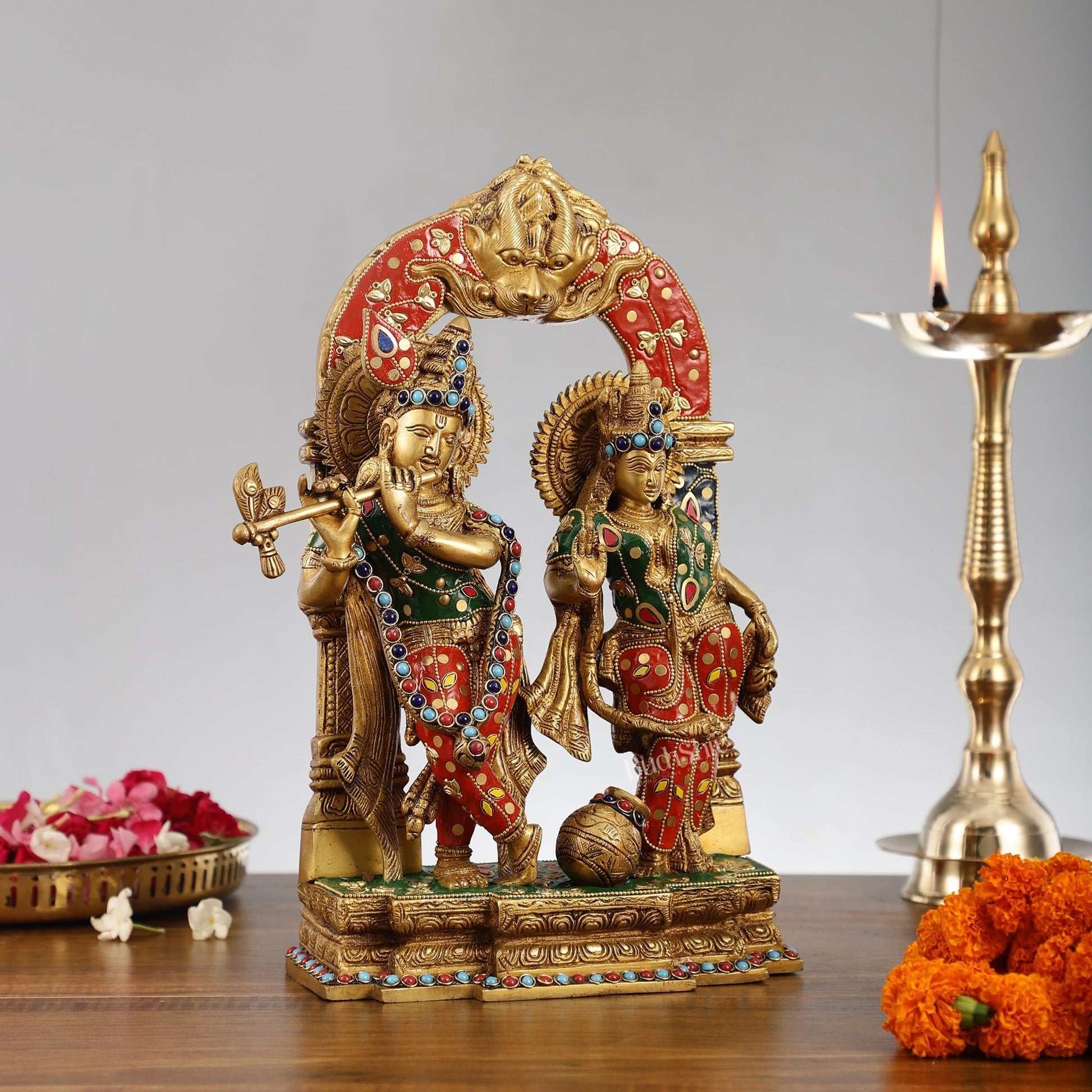 Handcrafted Brass Radha Krishna Idol - Ecstatic Posture 14 inch with stonework