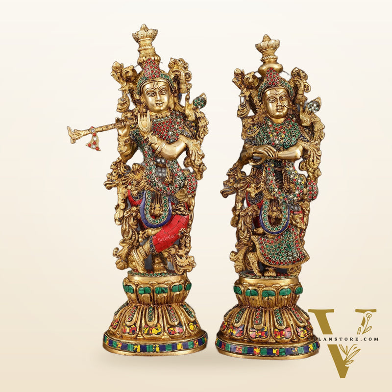 Handcrafted Brass Radha Krishna Statues - 21" Height, 18 KG Pair