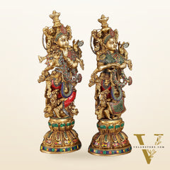 Handcrafted Brass Radha Krishna Statues - 21" Height, 18 KG Pair