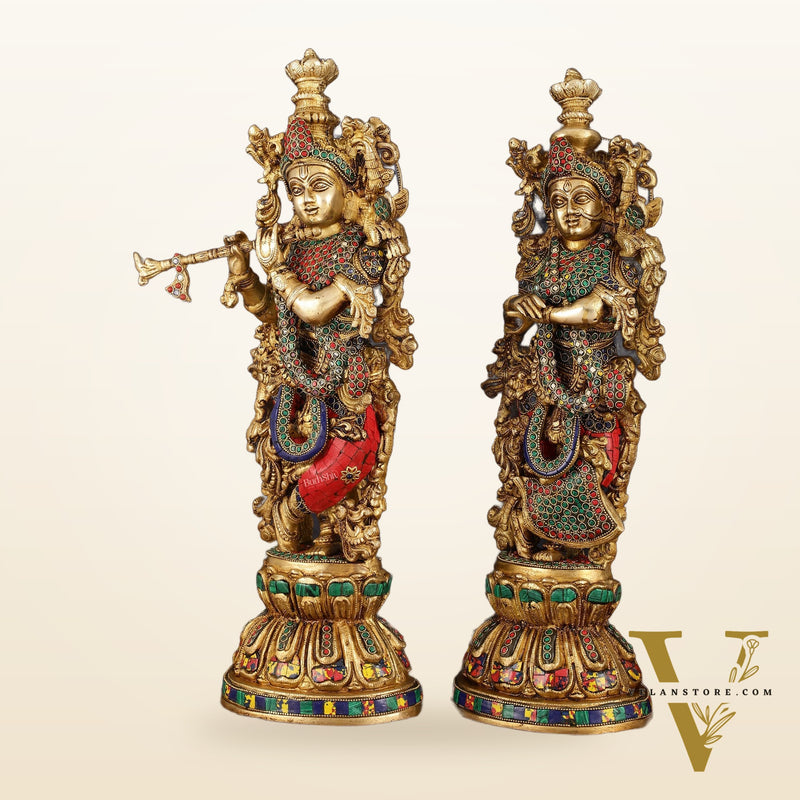 Handcrafted Brass Radha Krishna Statues - 21" Height, 18 KG Pair