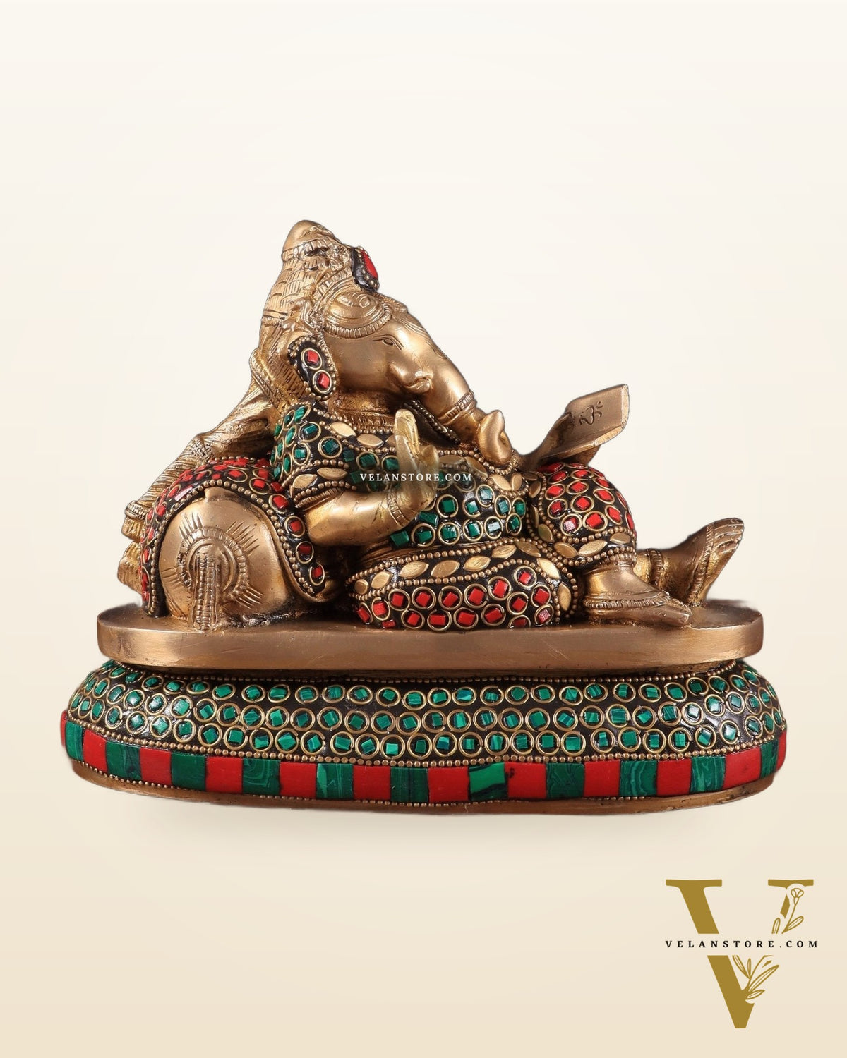 Handcrafted Brass Resting and reading Ganesha Table Accent stonework - 6 Inch