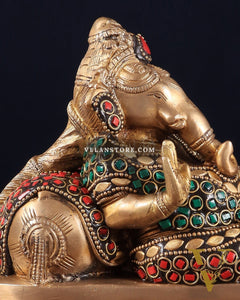 Handcrafted Brass Resting and reading Ganesha Table Accent stonework - 6 Inch