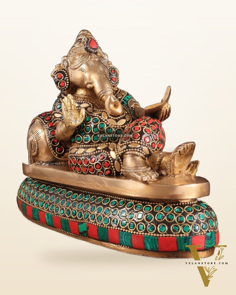 Handcrafted Brass Resting and reading Ganesha Table Accent stonework - 6 Inch