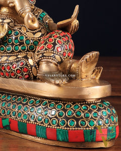 Handcrafted Brass Resting and reading Ganesha Table Accent stonework - 6 Inch