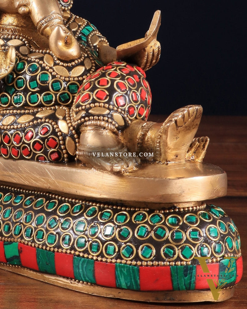 Handcrafted Brass Resting and reading Ganesha Table Accent stonework - 6 Inch
