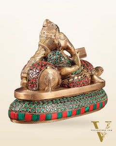 Handcrafted Brass Resting and reading Ganesha Table Accent stonework - 6 Inch