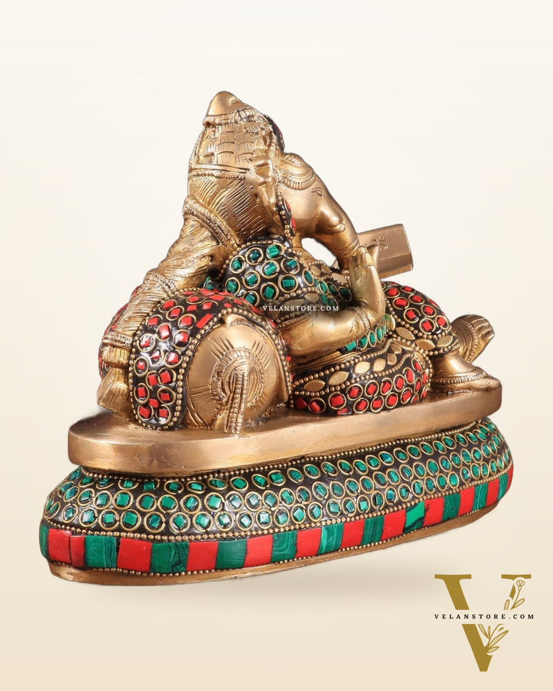 Handcrafted Brass Resting and reading Ganesha Table Accent stonework - 6 Inch