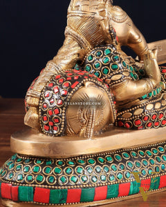 Handcrafted Brass Resting and reading Ganesha Table Accent stonework - 6 Inch