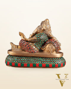 Handcrafted Brass Resting and reading Ganesha Table Accent stonework - 6 Inch