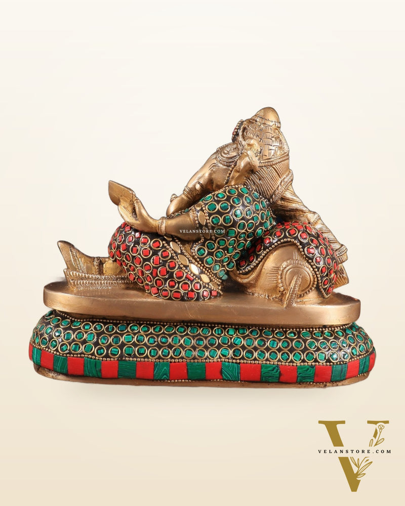 Handcrafted Brass Resting and reading Ganesha Table Accent stonework - 6 Inch