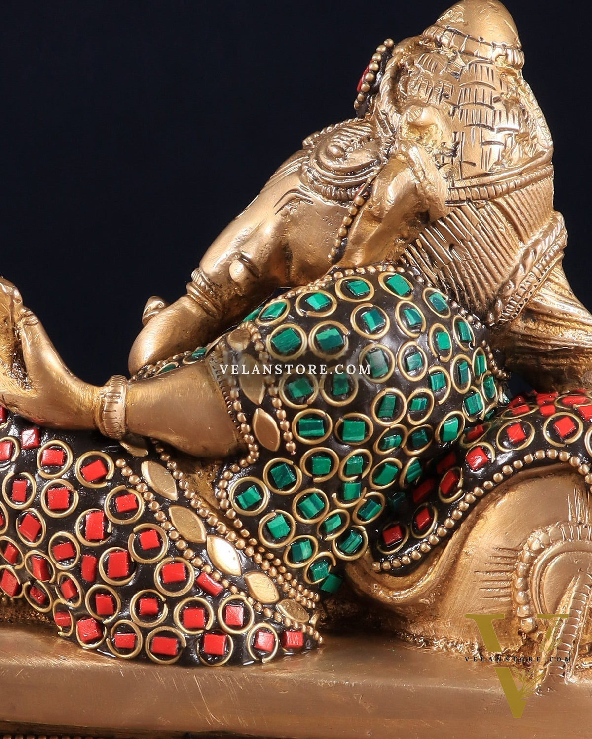 Handcrafted Brass Resting and reading Ganesha Table Accent stonework - 6 Inch