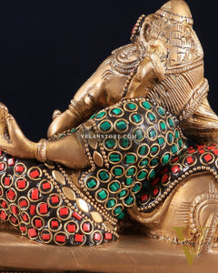 Handcrafted Brass Resting and reading Ganesha Table Accent stonework - 6 Inch