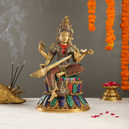 Handcrafted Brass Saraswati Statue | 14.5" Height |