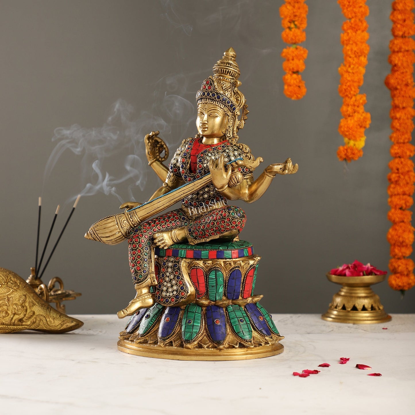 Handcrafted Brass Saraswati Statue | 14.5" Height |