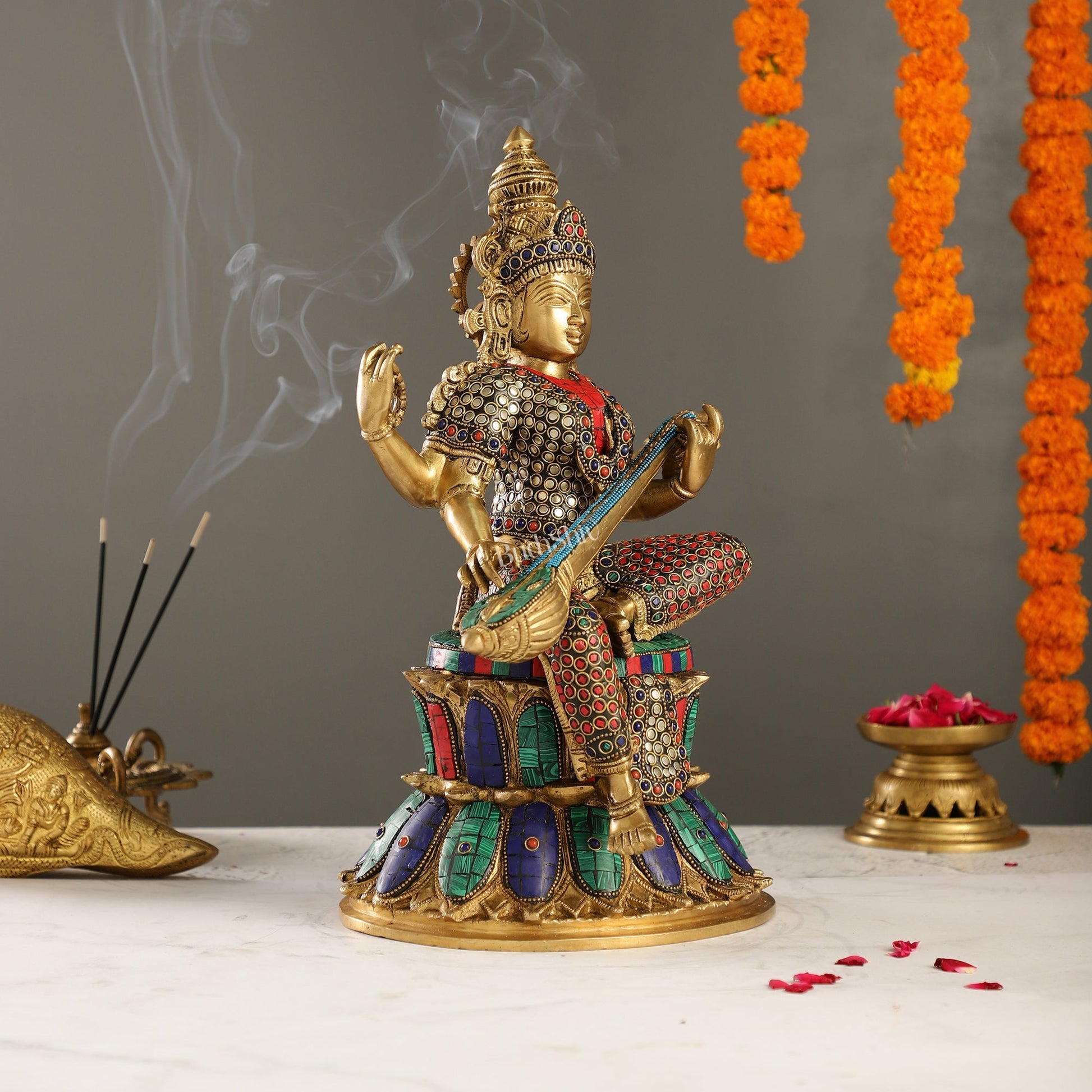 Handcrafted Brass Saraswati Statue | 14.5" Height |