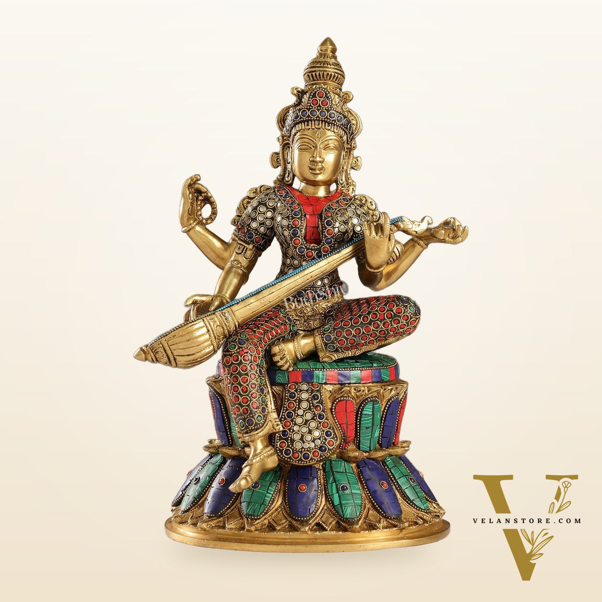 Handcrafted Brass Saraswati Statue | 14.5" Height |