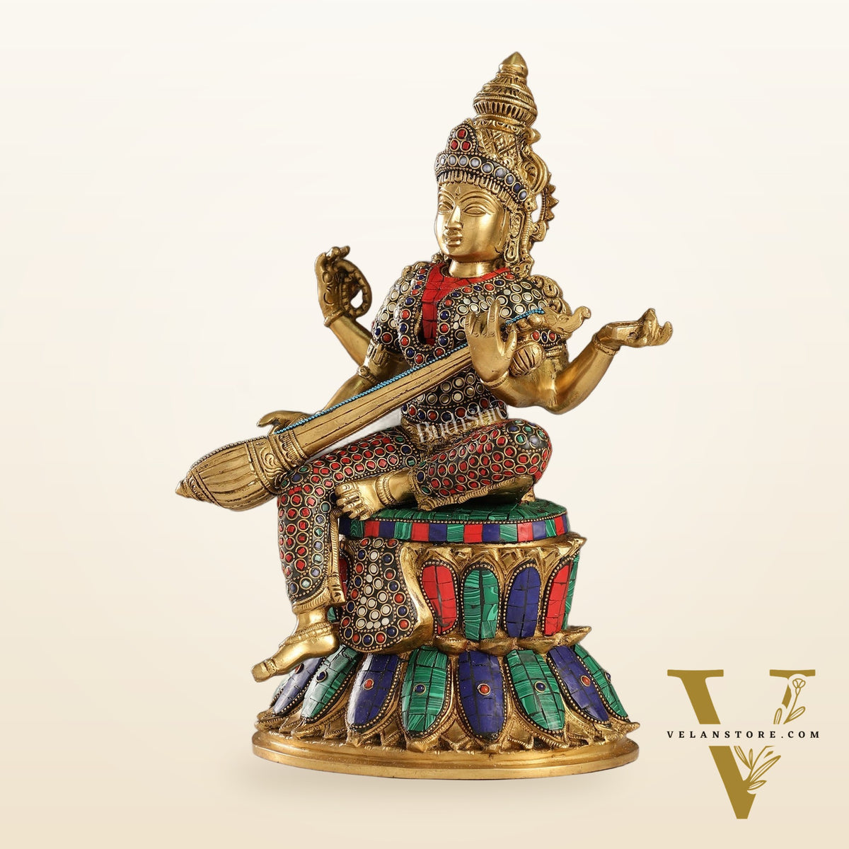Handcrafted Brass Saraswati Statue | 14.5" Height |