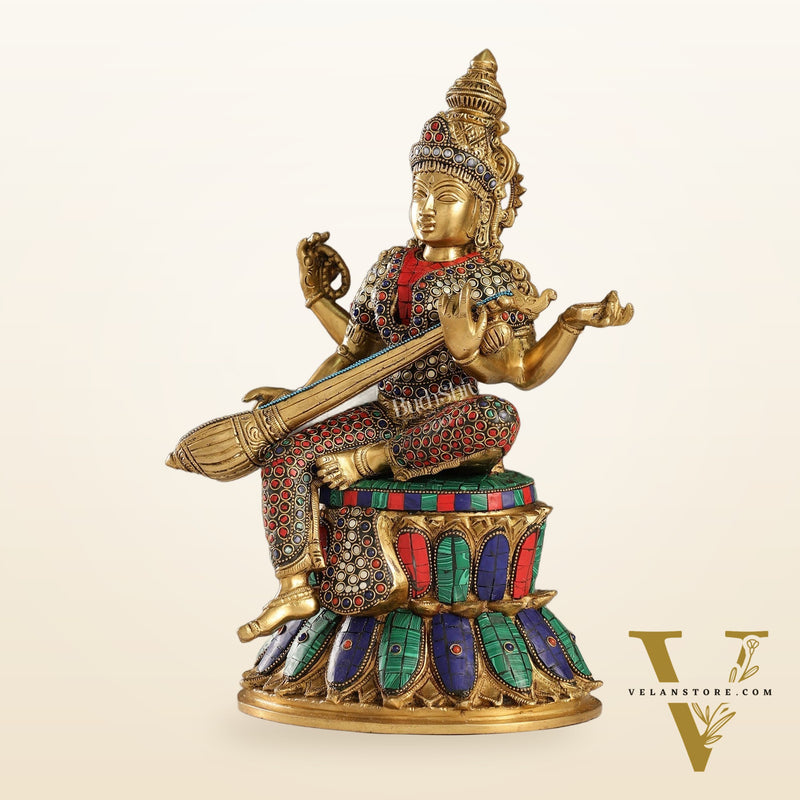 Handcrafted Brass Saraswati Statue | 14.5" Height |