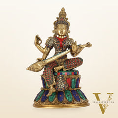 Handcrafted Brass Saraswati Statue | 14.5" Height |