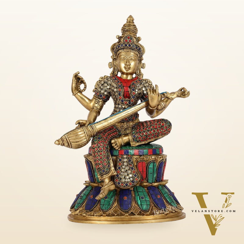 Handcrafted Brass Saraswati Statue | 14.5" Height |