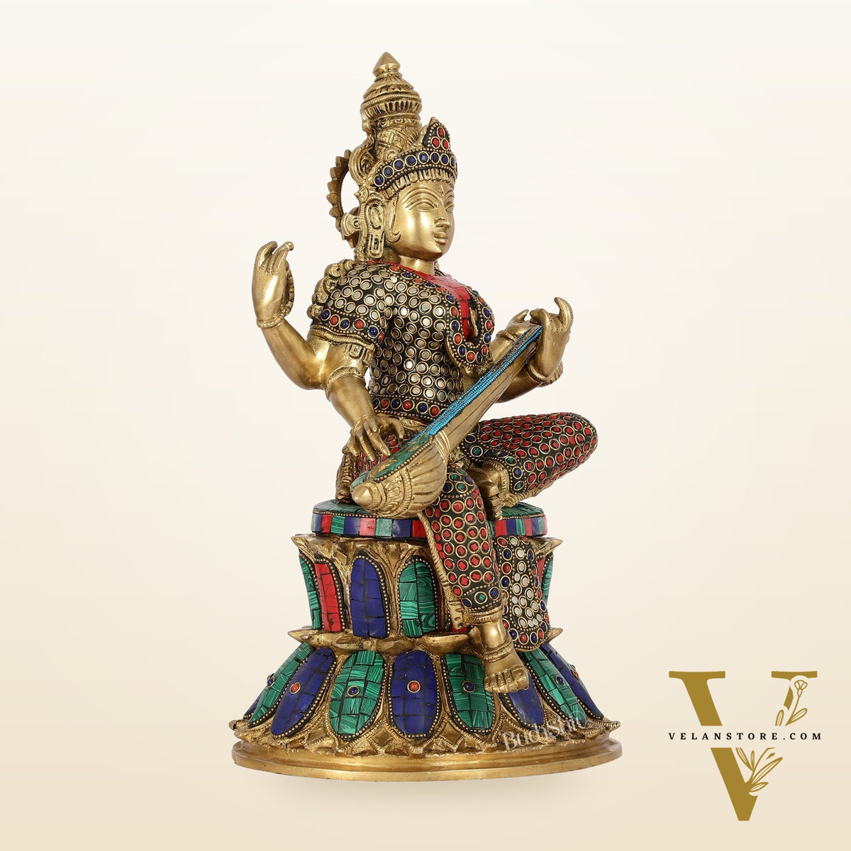 Handcrafted Brass Saraswati Statue | 14.5" Height |