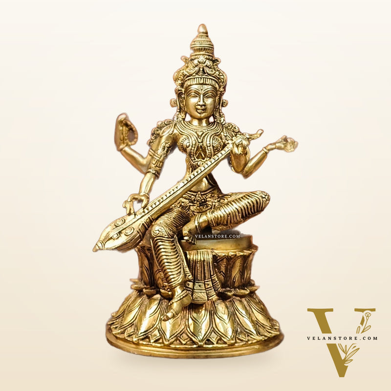 Handcrafted Brass Saraswati Statue | Golden Tone Finish | 14.5" Height