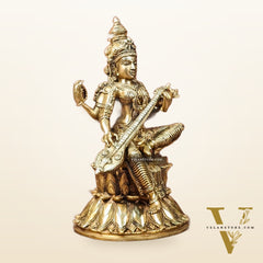 Handcrafted Brass Saraswati Statue | Golden Tone Finish | 14.5" Height
