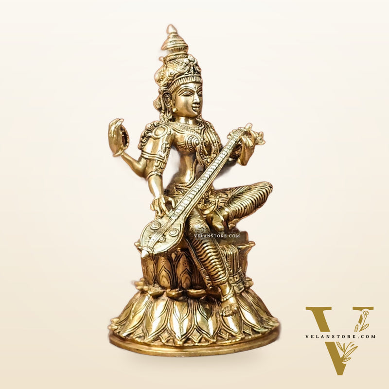 Handcrafted Brass Saraswati Statue | Golden Tone Finish | 14.5" Height