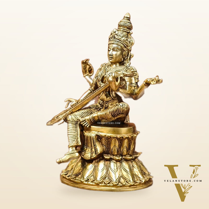 Handcrafted Brass Saraswati Statue | Golden Tone Finish | 14.5" Height