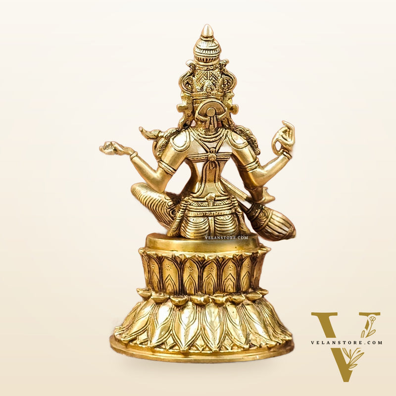 Handcrafted Brass Saraswati Statue | Golden Tone Finish | 14.5" Height