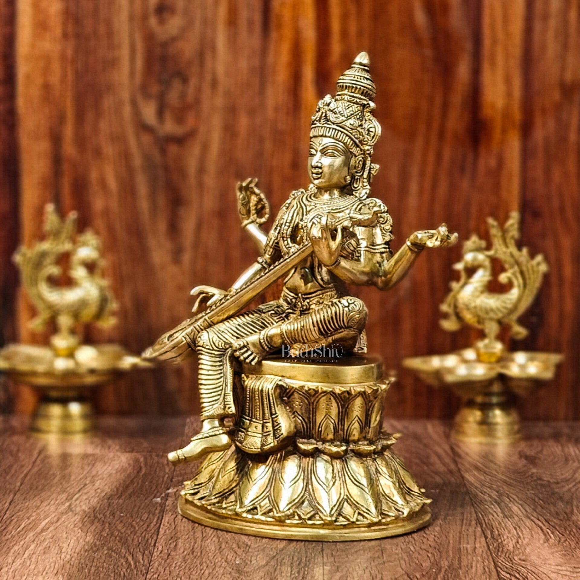 Handcrafted Brass Saraswati Statue | Golden Tone Finish | 14.5" Height