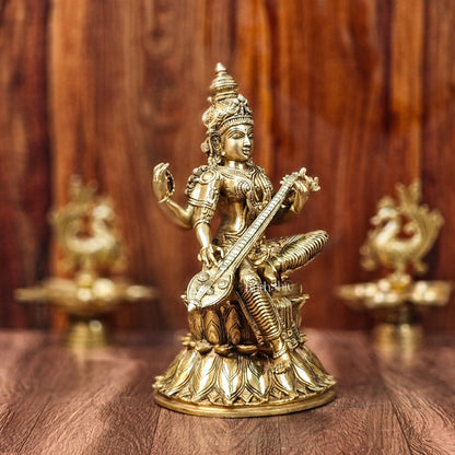Handcrafted Brass Saraswati Statue | Golden Tone Finish | 14.5" Height