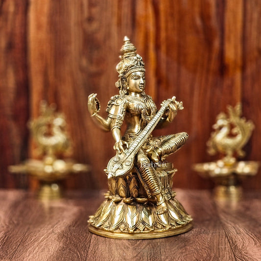 Handcrafted Brass Saraswati Statue | Golden Tone Finish | 14.5" Height