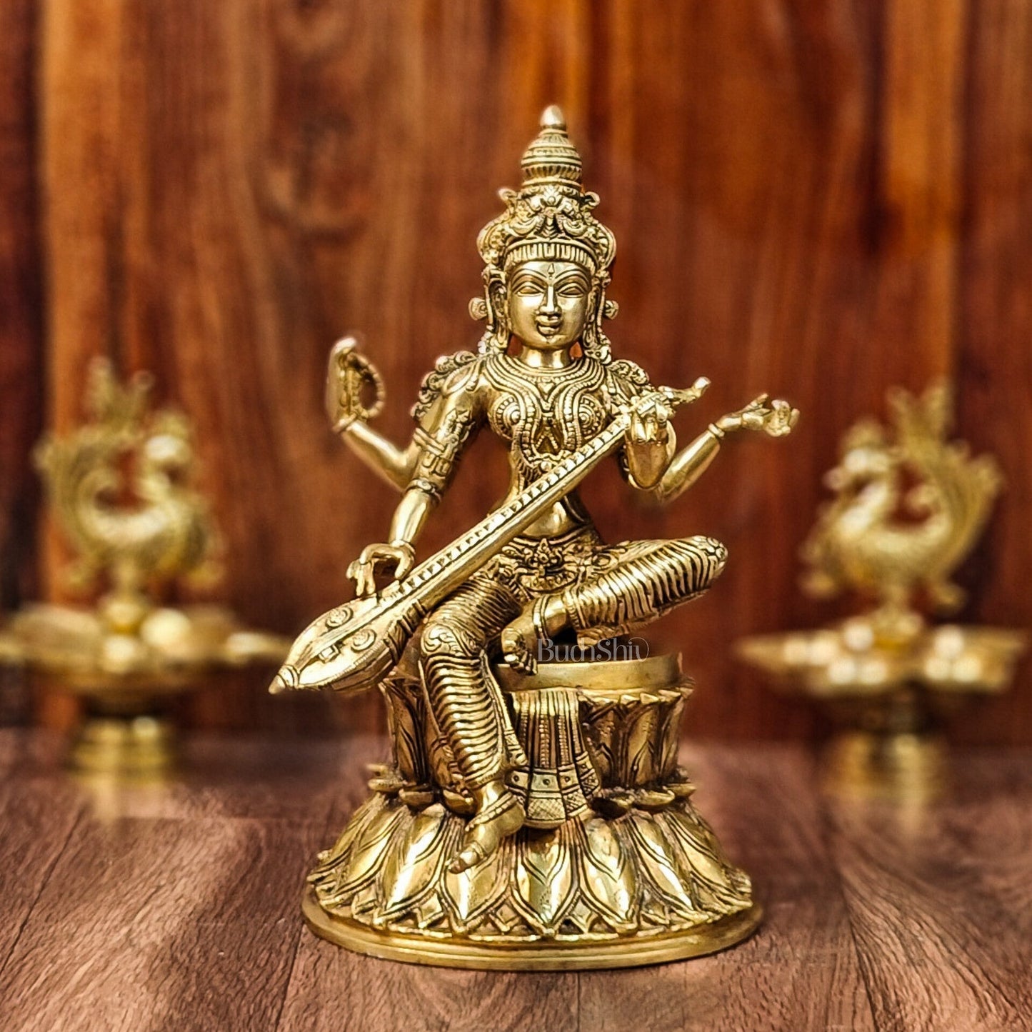 Handcrafted Brass Saraswati Statue | Golden Tone Finish | 14.5" Height