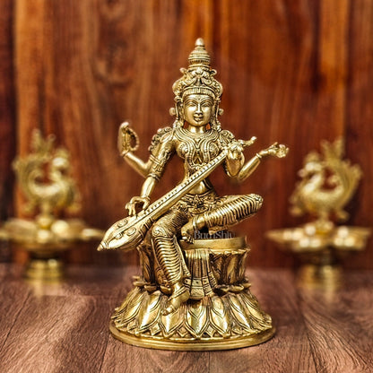 Handcrafted Brass Saraswati Statue | Golden Tone Finish | 14.5" Height