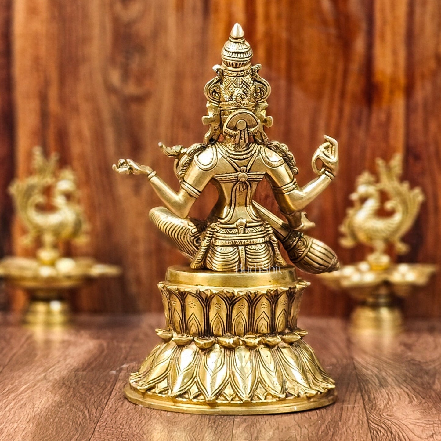 Handcrafted Brass Saraswati Statue | Golden Tone Finish | 14.5" Height