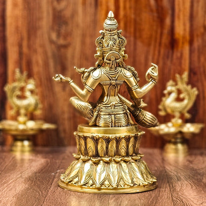 Handcrafted Brass Saraswati Statue | Golden Tone Finish | 14.5" Height