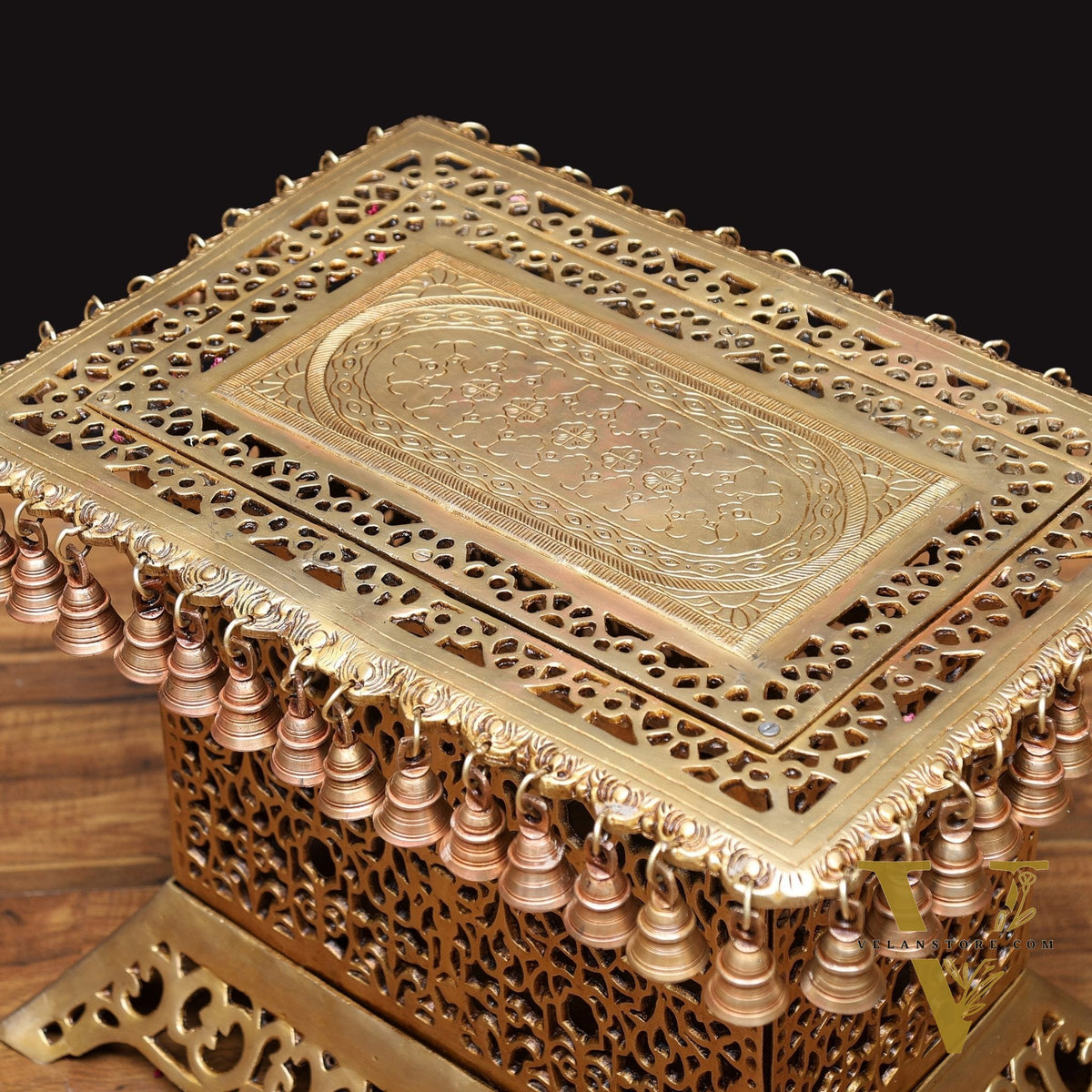 Handcrafted Brass Strong Stool/Chowki with Bells 15x21"