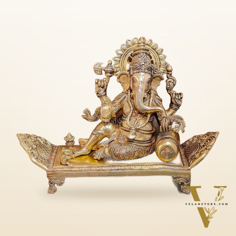Handcrafted Brass Superfine Ganesha Statue on Diwan - 13" Height