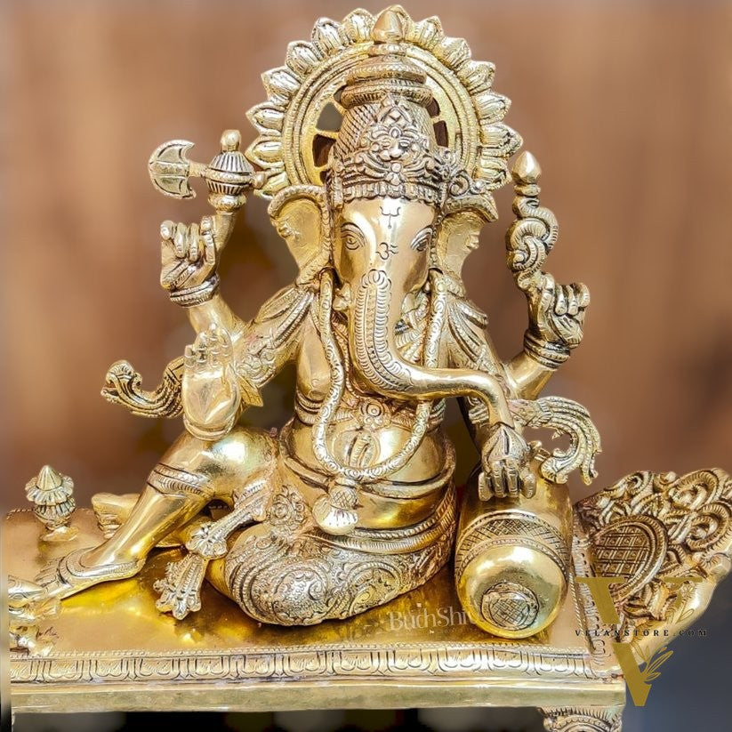 Handcrafted Brass Superfine Ganesha Statue on Diwan - 13" Height